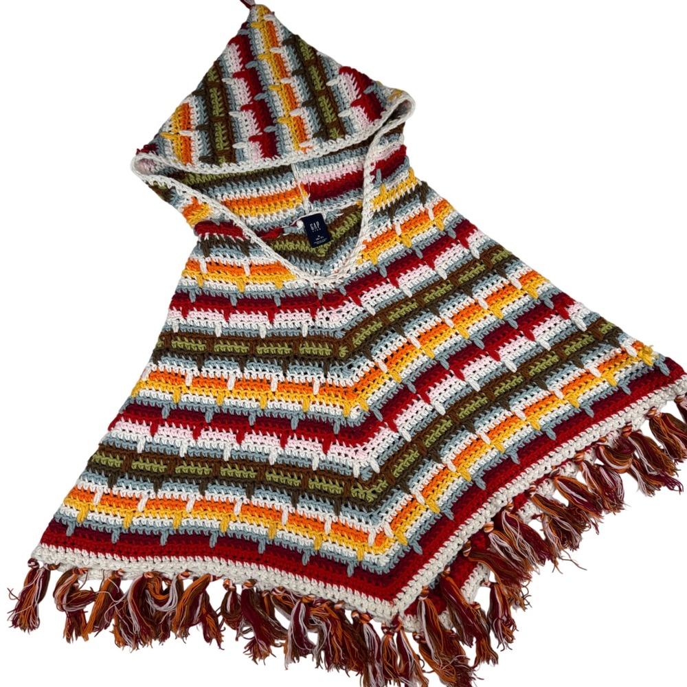 Gap‎ Kids Vintage Crochet Knit Hooded Poncho Multi-Color Striped Fringe S 6-7